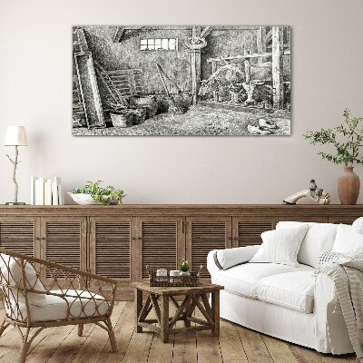 Glas foto Een hok met koeien en gereedschap