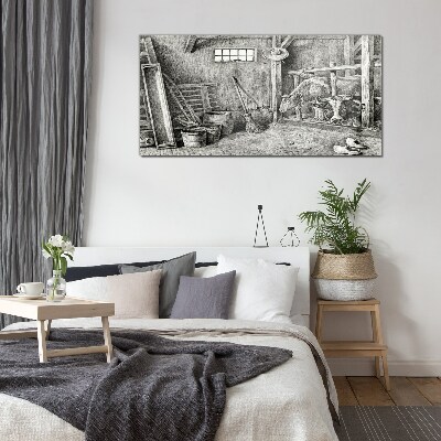 Glas foto Een hok met koeien en gereedschap