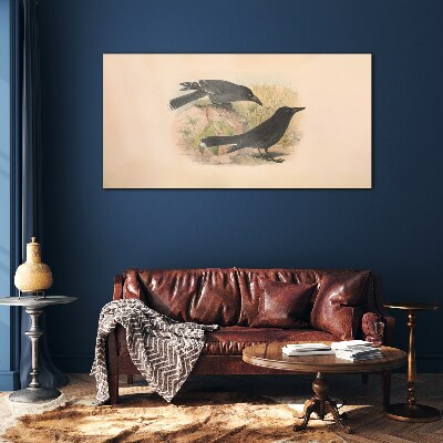 Foto op glas Zwarte vogels op een pastelachtergrond