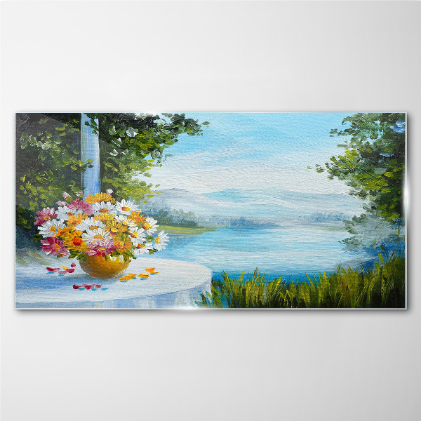 Foto op glas Een boeket bloemen aan het meer