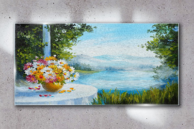 Foto op glas Een boeket bloemen aan het meer