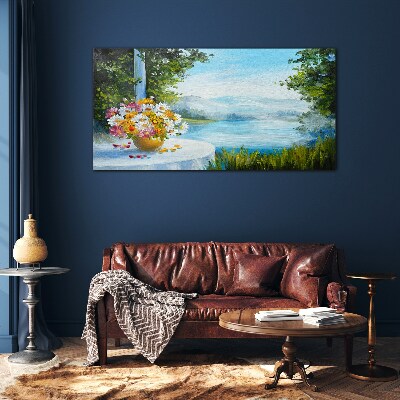 Foto op glas Een boeket bloemen aan het meer