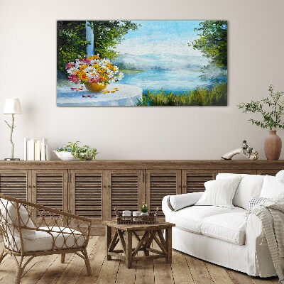 Foto op glas Een boeket bloemen aan het meer