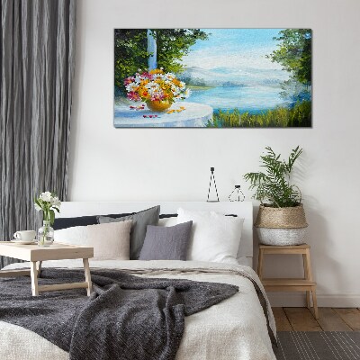 Foto op glas Een boeket bloemen aan het meer