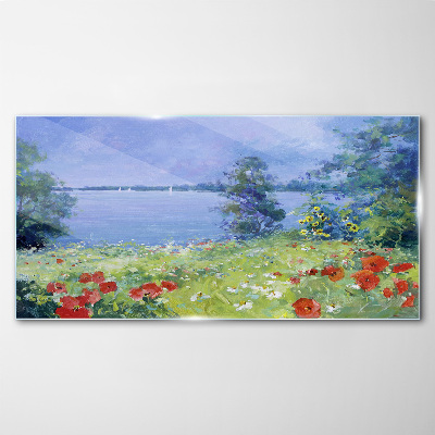 Foto op glas Bloemenlandschap aan het meer