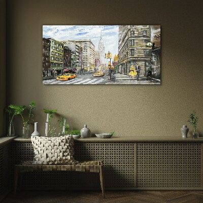 Foto op glas New Yorkse straat met gele taxi's