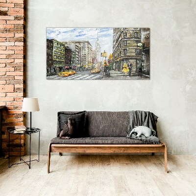 Foto op glas New Yorkse straat met gele taxi's
