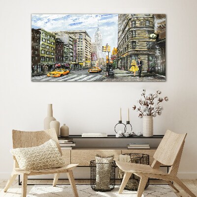 Foto op glas New Yorkse straat met gele taxi's
