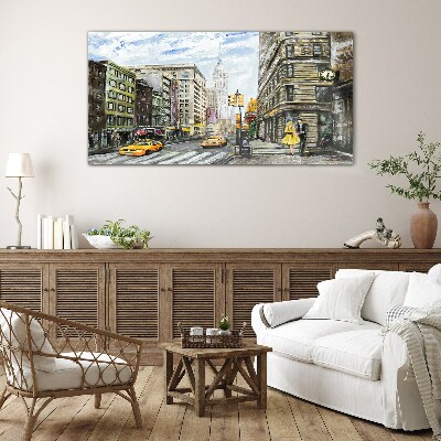Foto op glas New Yorkse straat met gele taxi's