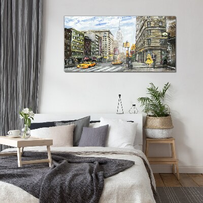 Foto op glas New Yorkse straat met gele taxi's