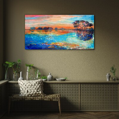 Schilderij op glas Zonsondergang over het meer
