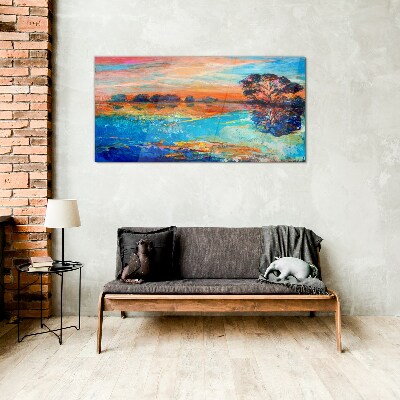 Schilderij op glas Zonsondergang over het meer