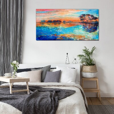 Schilderij op glas Zonsondergang over het meer