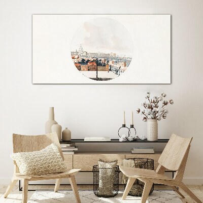 Foto op glas Stadsgezicht met een cirkelvormig frame