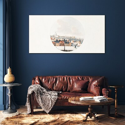 Foto op glas Stadsgezicht met een cirkelvormig frame