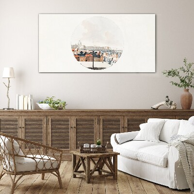 Foto op glas Stadsgezicht met een cirkelvormig frame