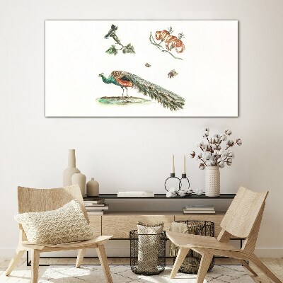 Schilderij op glas Pauw tussen bloemen en insecten