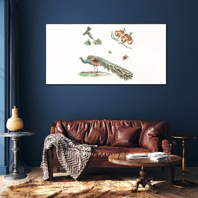 Schilderij op glas Pauw tussen bloemen en insecten