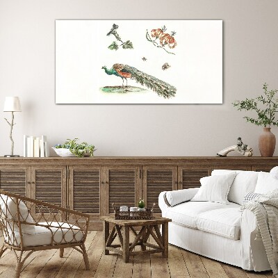 Schilderij op glas Pauw tussen bloemen en insecten