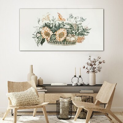 Foto op glas Bloemenboeket in een mand