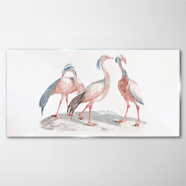Glas foto Drie roze flamingo's op een witte achtergrond