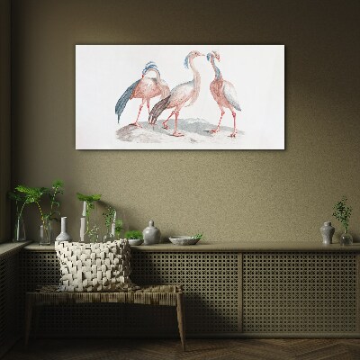 Glas foto Drie roze flamingo's op een witte achtergrond