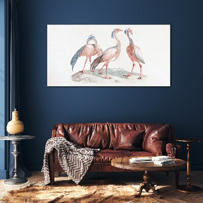 Glas foto Drie roze flamingo's op een witte achtergrond