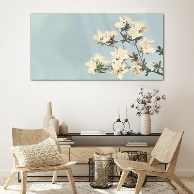 Foto op glas Bloemencompositie op een blauwe achtergrond