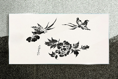 Foto op glas Vogels en bloemen in zwart-wit