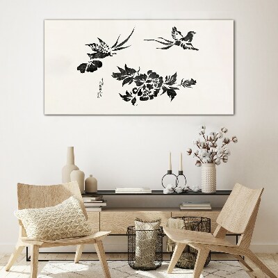 Foto op glas Vogels en bloemen in zwart-wit