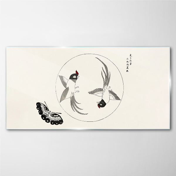 Foto op glas Dansende vogels en een vlinder