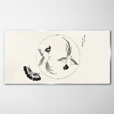 Foto op glas Dansende vogels en een vlinder