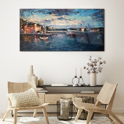 Schilderij op glas Havenlandschap bij schemering