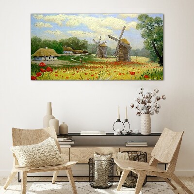 Glas foto Landelijk landschap met windmolens