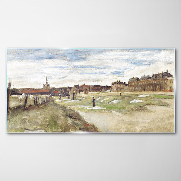 Glas foto Landschap met figuren tegen de achtergrond van de stad