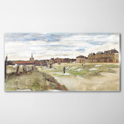 Glas foto Landschap met figuren tegen de achtergrond van de stad