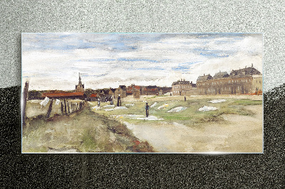 Glas foto Landschap met figuren tegen de achtergrond van de stad