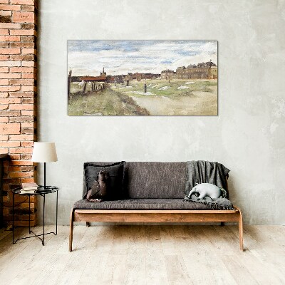 Glas foto Landschap met figuren tegen de achtergrond van de stad