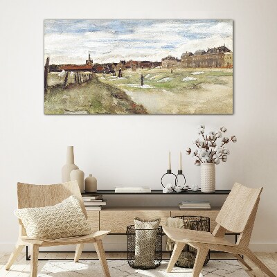 Glas foto Landschap met figuren tegen de achtergrond van de stad