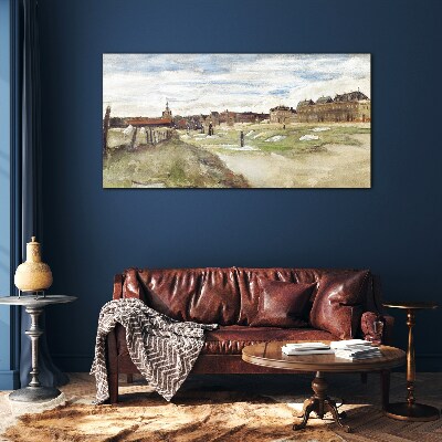 Glas foto Landschap met figuren tegen de achtergrond van de stad