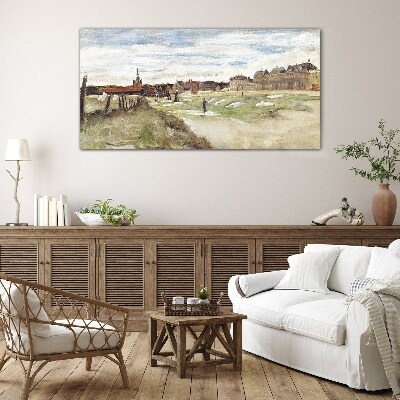 Glas foto Landschap met figuren tegen de achtergrond van de stad