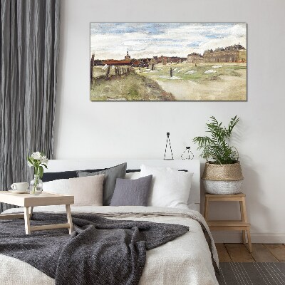 Glas foto Landschap met figuren tegen de achtergrond van de stad