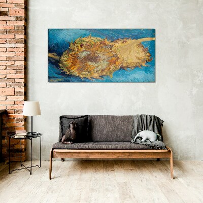 Schilderij op glas Zonnebloem op een blauwe achtergrond