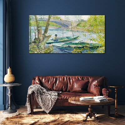 Foto op glas Een vredig landschap aan het water