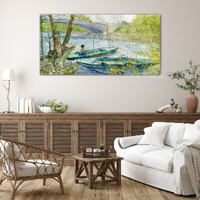 Foto op glas Een vredig landschap aan het water