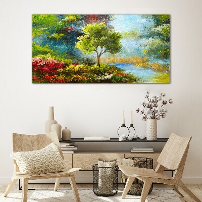 Schilderij op glas Lentelandschap met een boom en bloemen