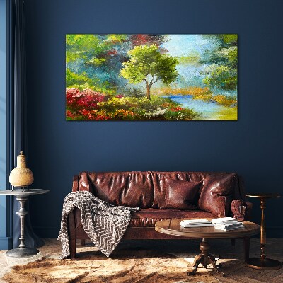 Schilderij op glas Lentelandschap met een boom en bloemen