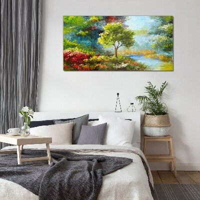Schilderij op glas Lentelandschap met een boom en bloemen