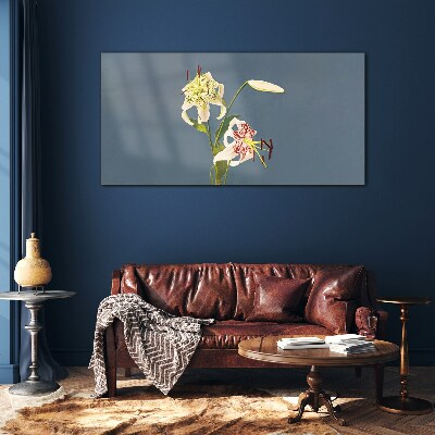 Foto op glas Bloemen op een blauwe achtergrond