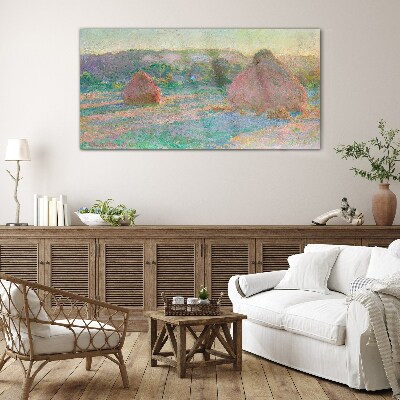 Schilderij op glas Hooi oogsten in het ochtendlicht